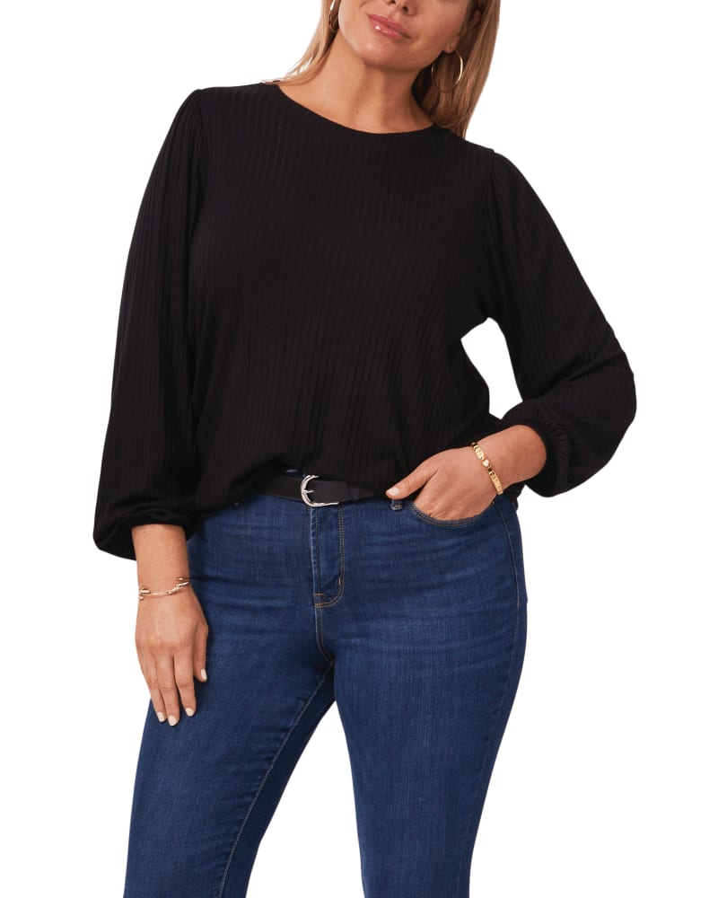 Front of a model wearing a size 0X Christina Bubble Long Sleeve Top in RICH BLACK by 1.State. | dia_product_style_image_id:262371